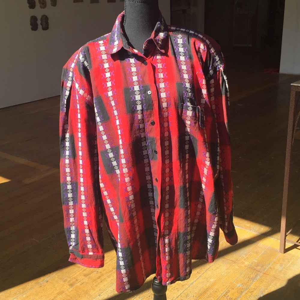 Red/Purple/white/black embroidered Aztec Print button down shirt